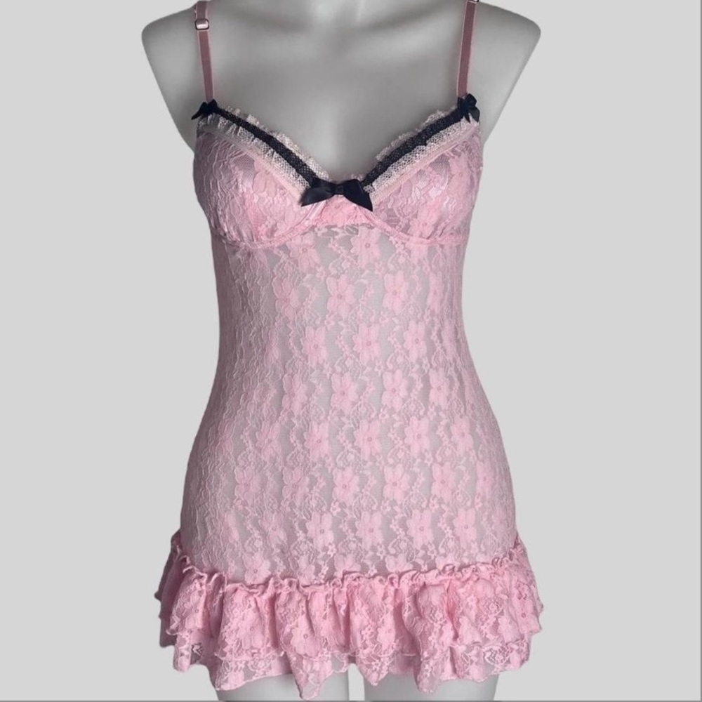 size small pink lace babydoll slip dress with black ribbon